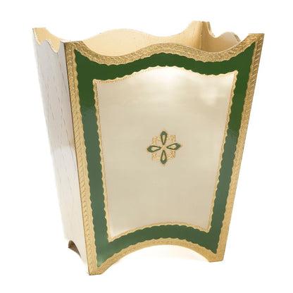 Florentino Baroque Wooden Wastebasket in Gold, Cream and Green on a white background