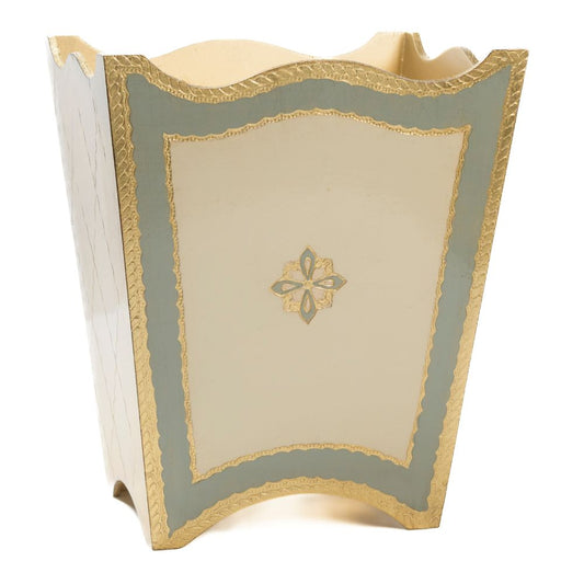 Florentino Baroque Wooden Wastebasket in Gold, Cream and light Villa Blue on a blank background