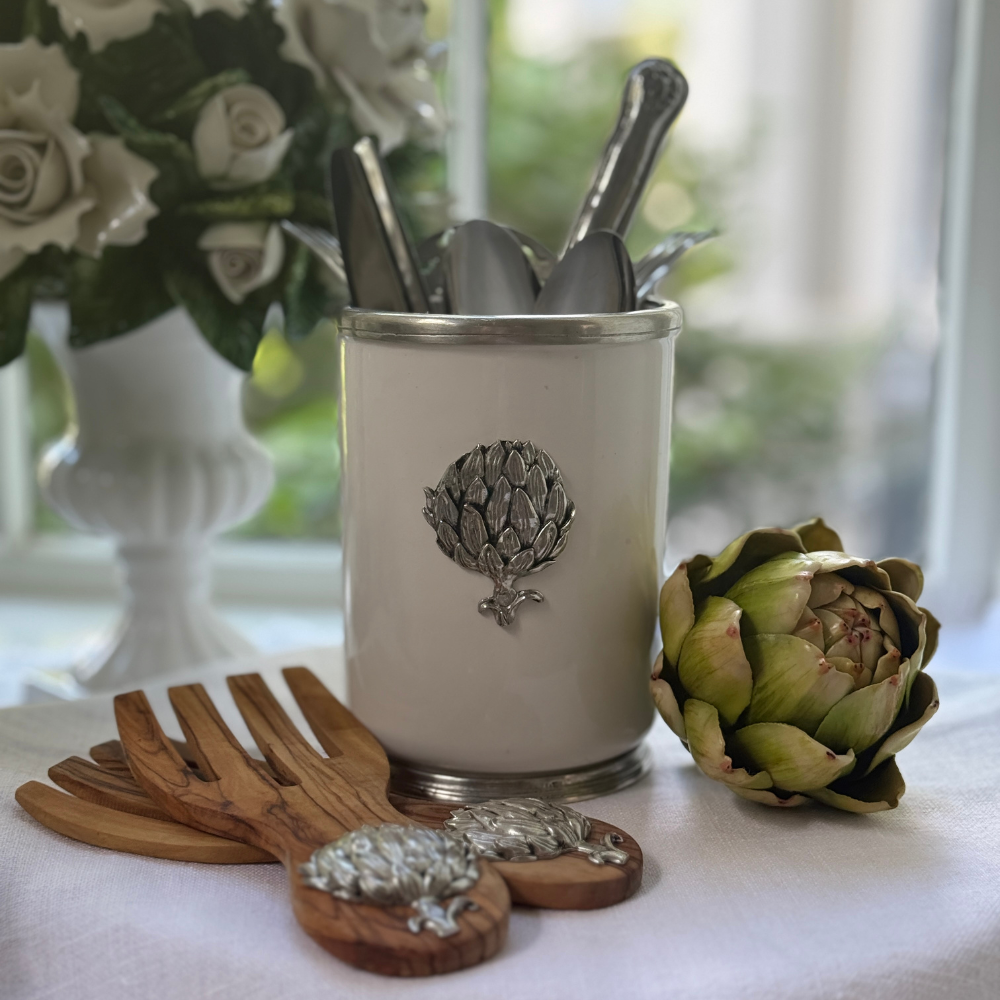 Tuscan Damasco Utensil Holder with decorative artichoke emblem with utensils inside
