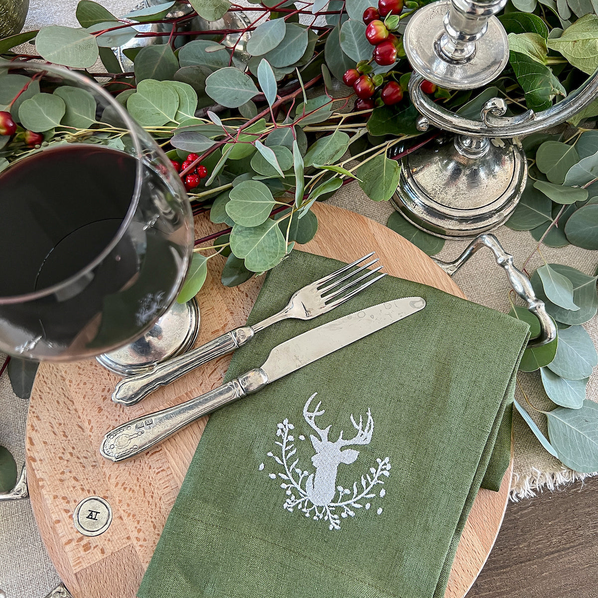 Stag with Holly Berries Linen Tri-Fold Napkin