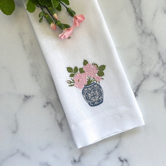 Chinoiserie Jar with Roses Linen Towel