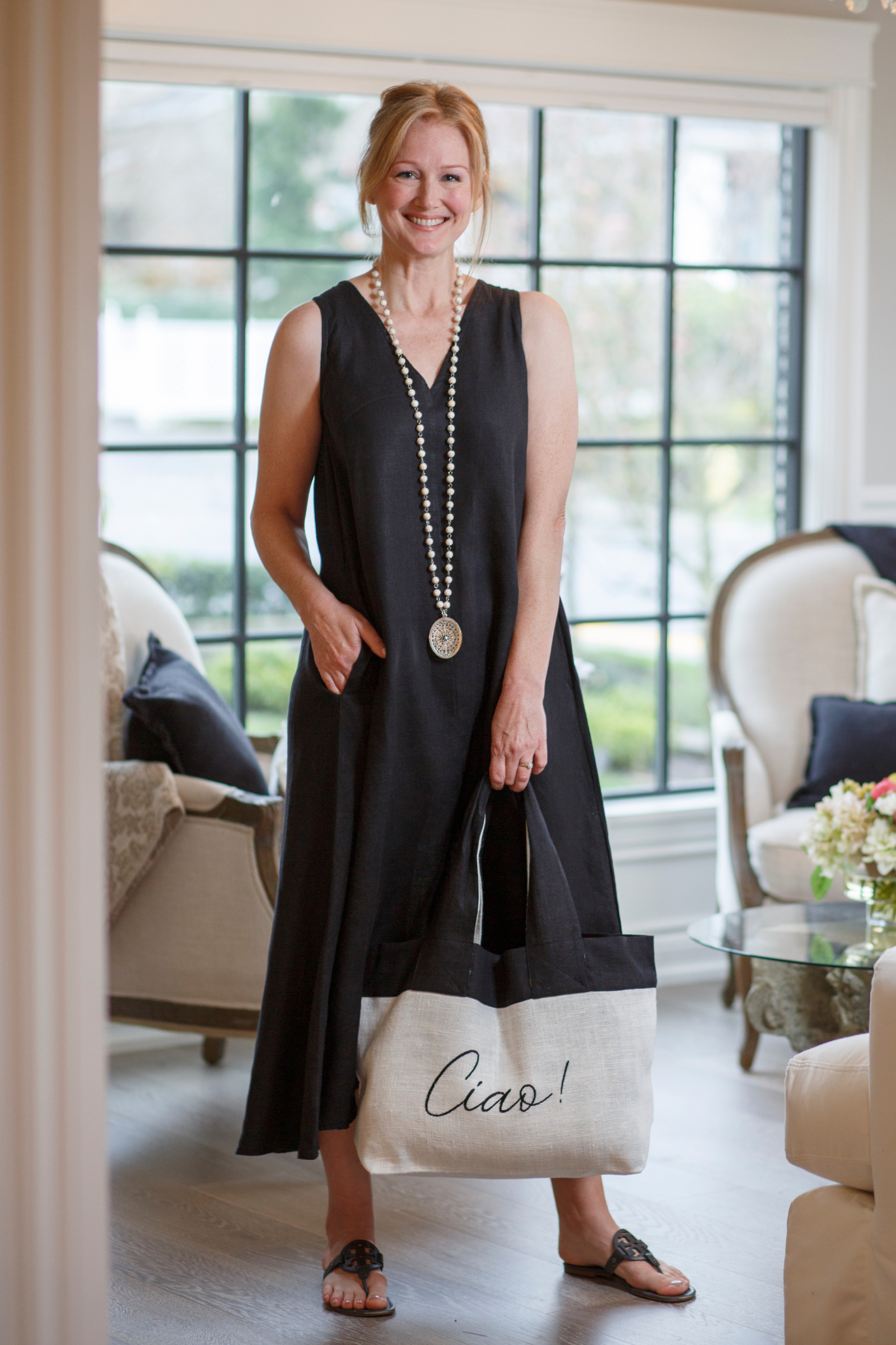 Katherine Linen Dress | V-Neck A-Line in Black & White | Crown Linen Designs Black / Medium Katherine Linen Dress | V-Neck A-Line in Black & White | Crown Linen Designs Black / Medium