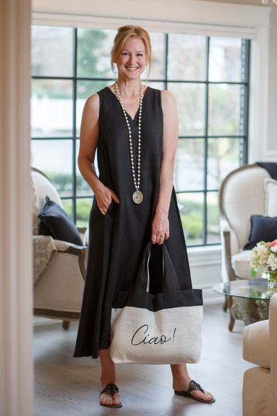 Katherine Linen Dress | V-Neck A-Line in Black & White