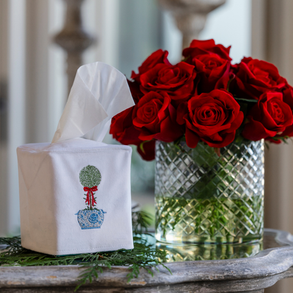 La Jardin Bow Topiary White Linen Tissue Box Cover