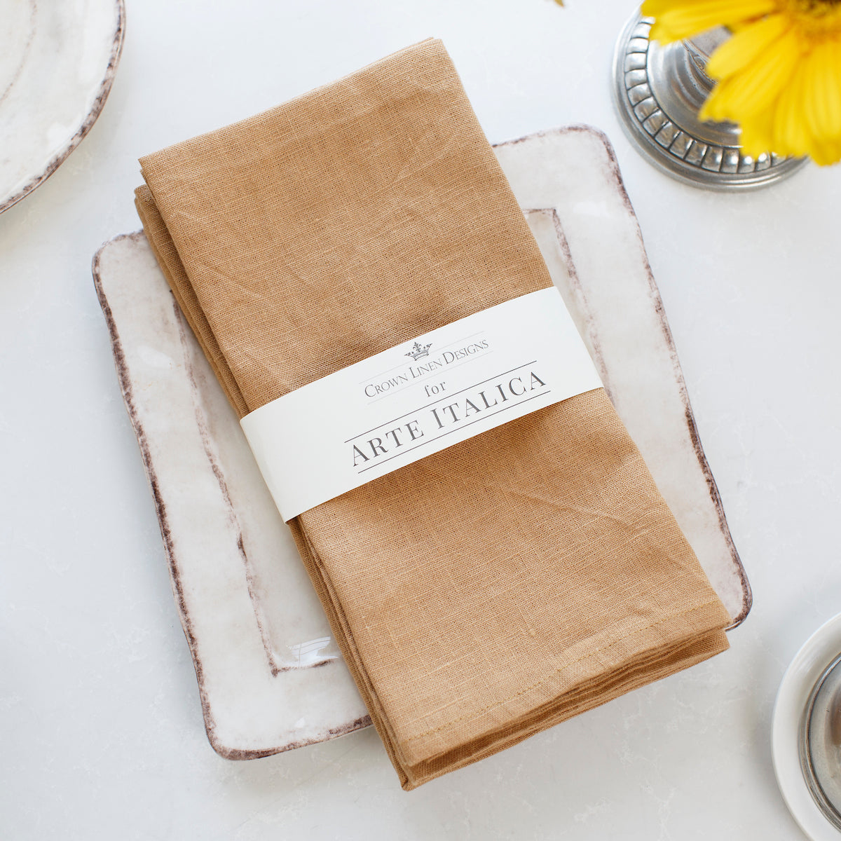 Harvest Gold Washed Linen Napkin set on a medici square plate - Arte Italica Crown Linen Designs