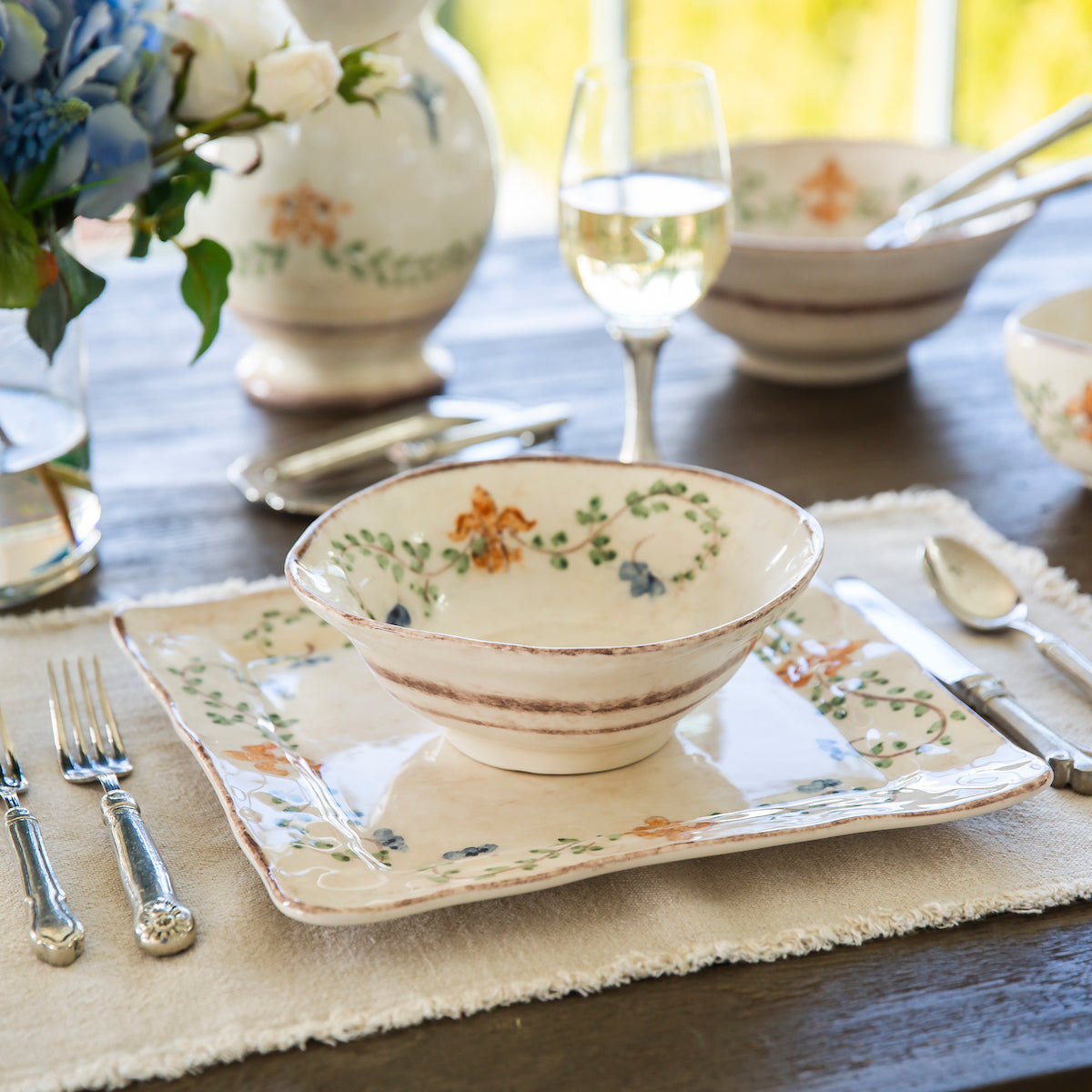 hand painted Italian ceramic Medici cereal bowl on square plate
