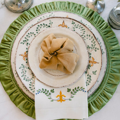 hand painted Italian ceramic Medici dinner plate Renaissance style stack detai with napkin