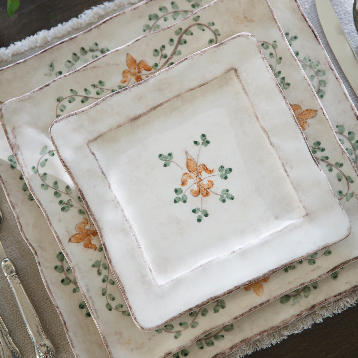 square Italian ceramic Medici dinner plate hand painted stack detail