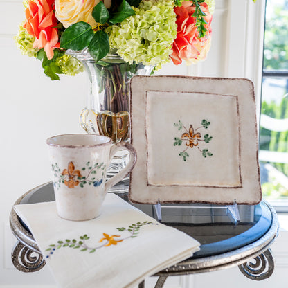 square Italian ceramic Medici salad dessert plate on display stand