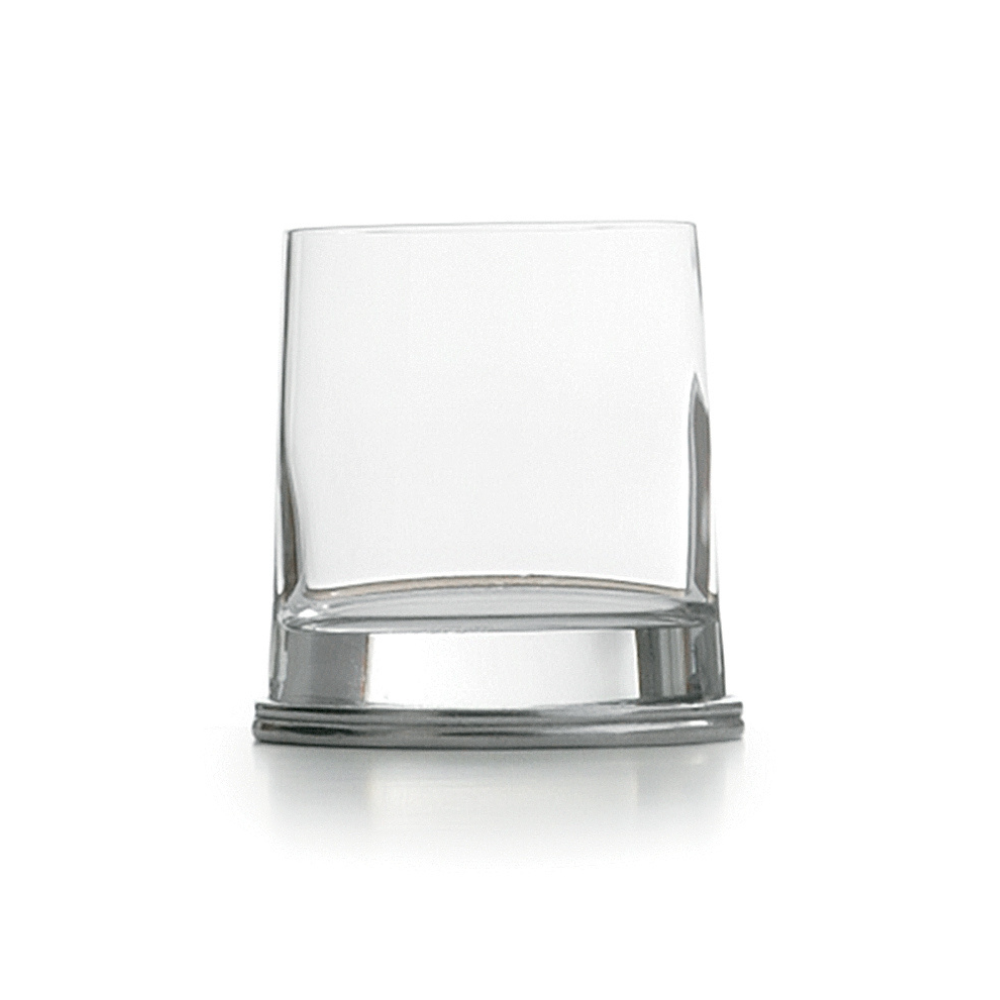 Arte Italica Milano Double Old Fashioned glass with oval Italian pewter base, empty on white background