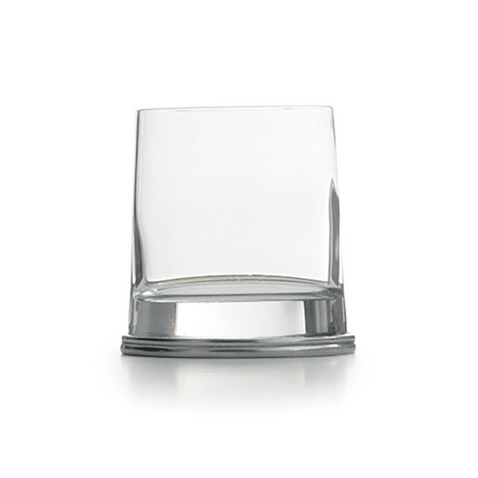 Arte Italica Milano Double Old Fashioned glass with oval Italian pewter base, empty on white background
