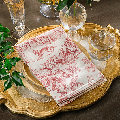 A Montefalco Toile in Red folded on a Florentino Red Tray with Vetro Gold plates and covered dish