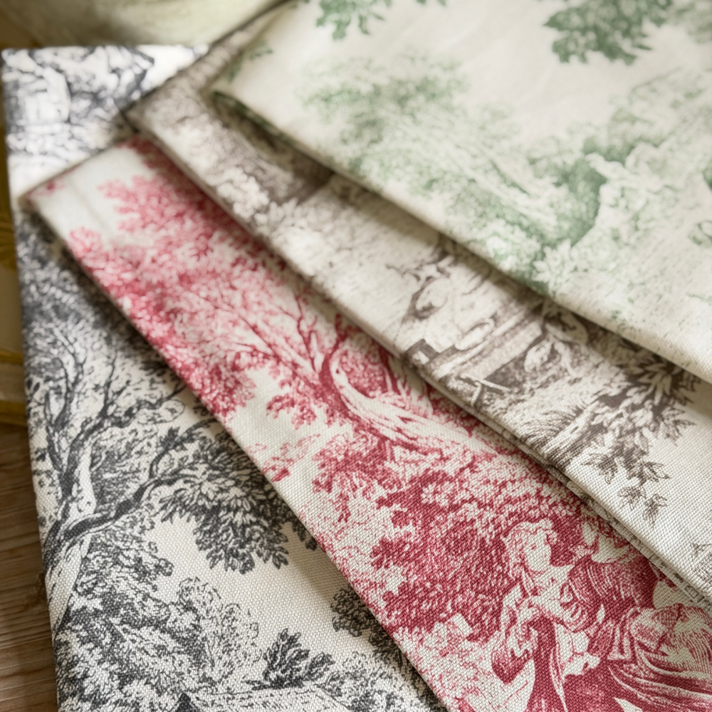 Our four Montefalco toile cotton towels in black, red, latte and green fanned out showing detail