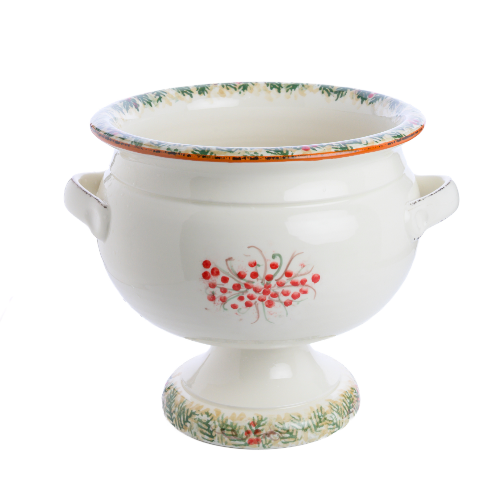 Natale hand painted Italian ceramic pedestal bowl on a white background showing the back side with red berry design 