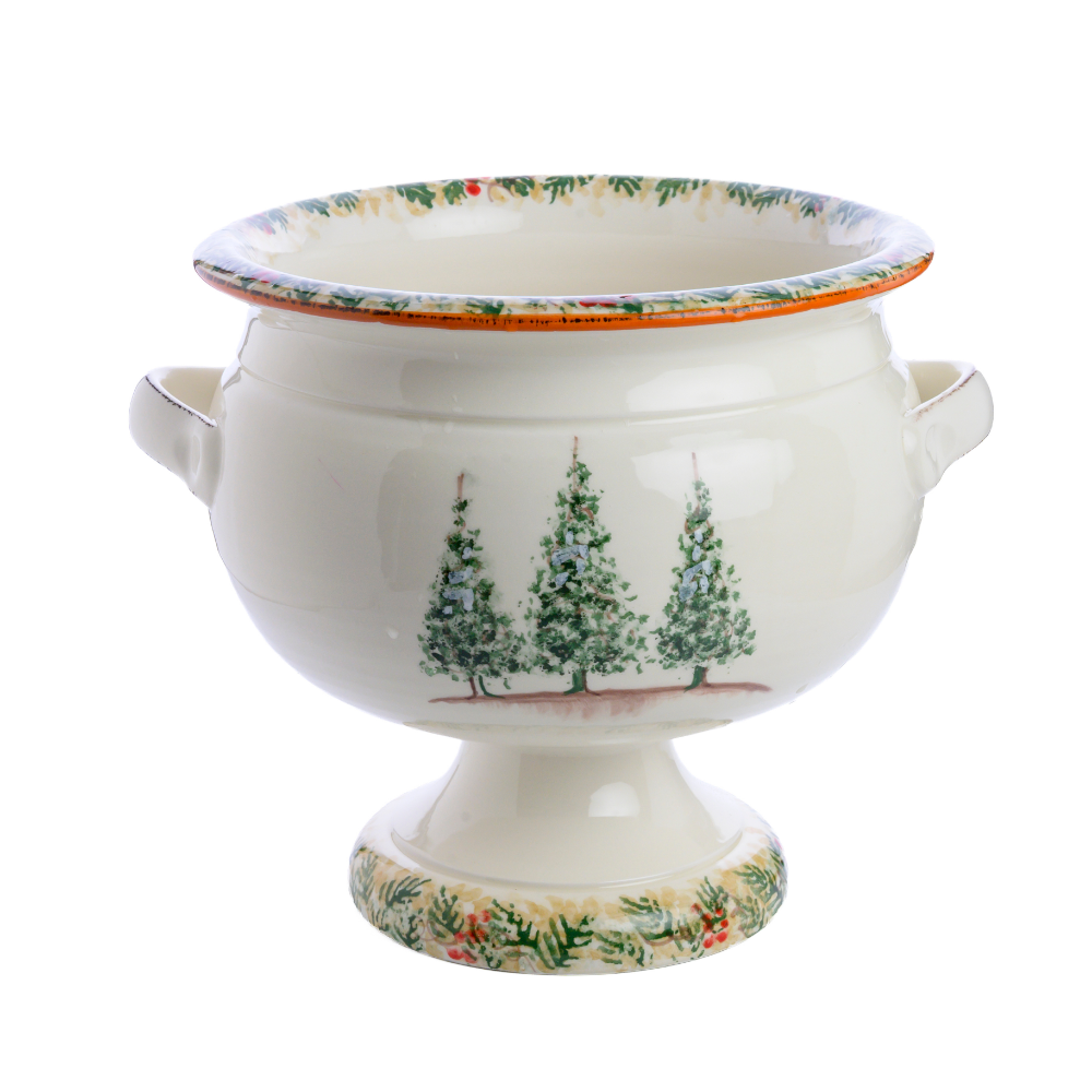 Natale Hand Painted Italian Ceramic Pedestal Bowl with three trees and pine design at base and rim on a white background