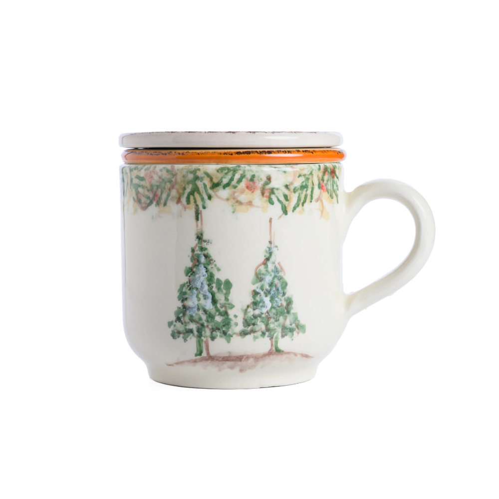 Natale Italian hand painted Ceramic Tea Infuser Mug with 2 trees on a white background