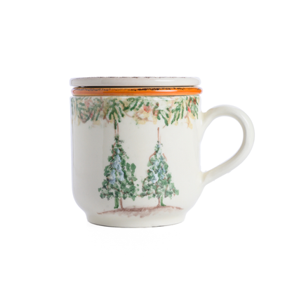 Natale Italian hand painted Ceramic Tea Infuser Mug with 2 trees on a white background