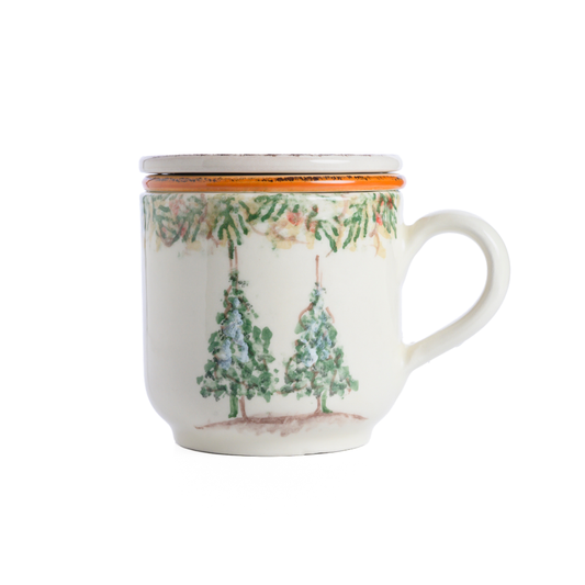 Natale Italian hand painted Ceramic Tea Infuser Mug with 2 trees on a white background
