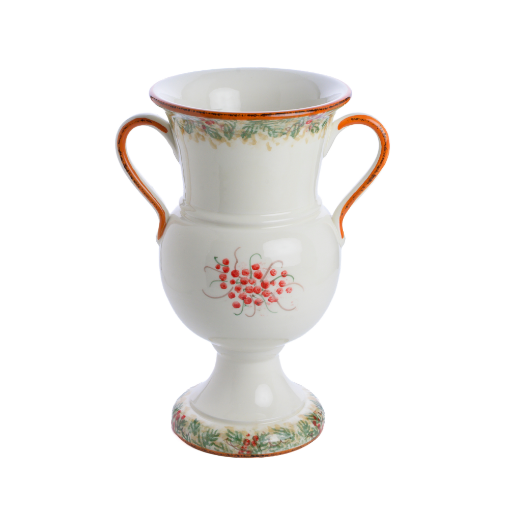 Natale Italian ceramic Urn Vase backside with two handles and pedestal style base hand painted with Natale design and red berries on a white background