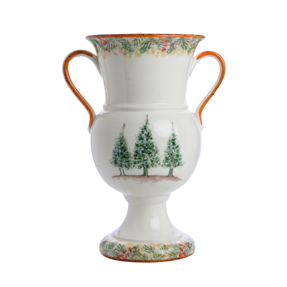 Natale Italian ceramic Urn Vase with two handles and pedestal style base hand painted with Natale design and 3 trees on a white background