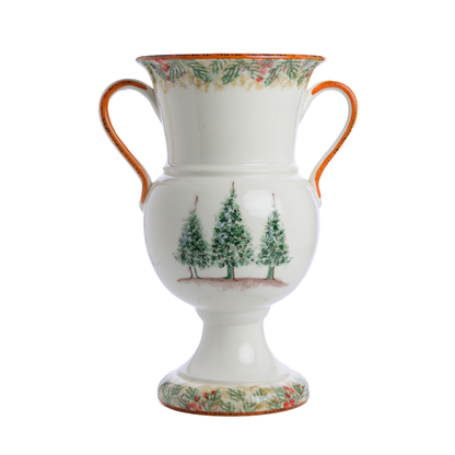 Natale Italian ceramic Urn Vase with two handles and pedestal style base hand painted with Natale design and 3 trees on a white background