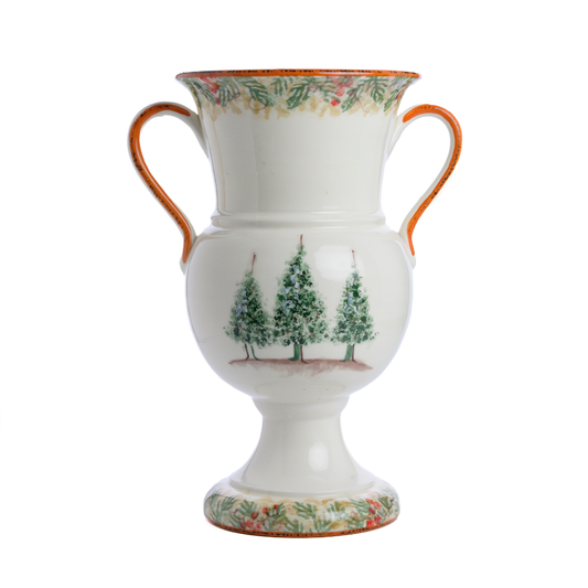 Natale Italian ceramic Urn Vase with two handles and pedestal style base hand painted with Natale design and 3 trees on a white background