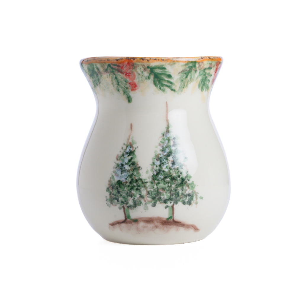 A small Natale Italian ceramic vase hand painted with two pine trees on a white background