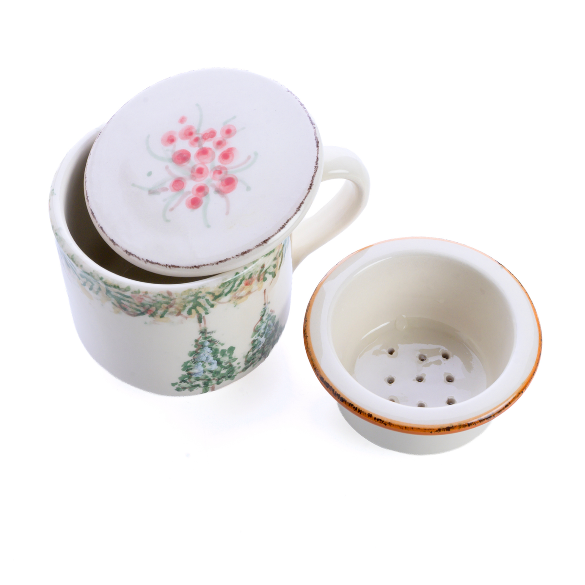 Natale Italian hand painted Ceramic Tea Infuser Mug with 2 trees on a white background