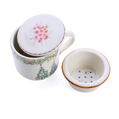 Natale Italian hand painted Ceramic Tea Infuser Mug with 2 trees on a white background