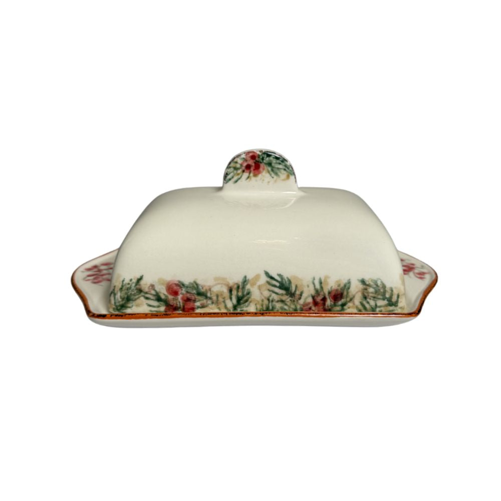 Decorative Natale Italian Ceramic 2-piece Butter Dish  with evergreen branch patterns on a white background by Arte Italica