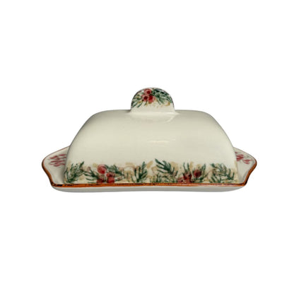 Decorative Natale Italian Ceramic 2-piece Butter Dish  with evergreen branch patterns on a white background by Arte Italica