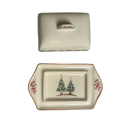 Decorative Natale Italian Ceramic 2-piece Butter Dish shown from above with evergreen tree patterns on a white background by Arte Italica