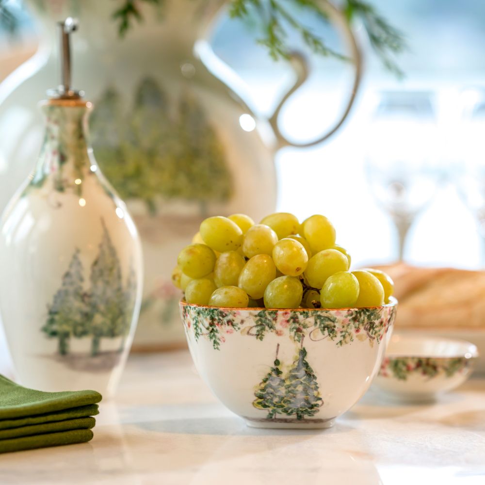 Arte Italica Natale small square bowl hand painted winterberries snowy trees Italian ceramic table service