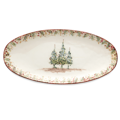 Natale Oval Serving tray with trees and holiday decorative edge
