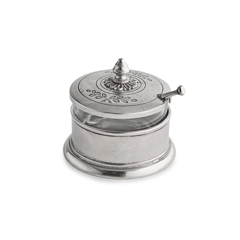 Peltro Condiment Dish with Spoon with lid on a white background