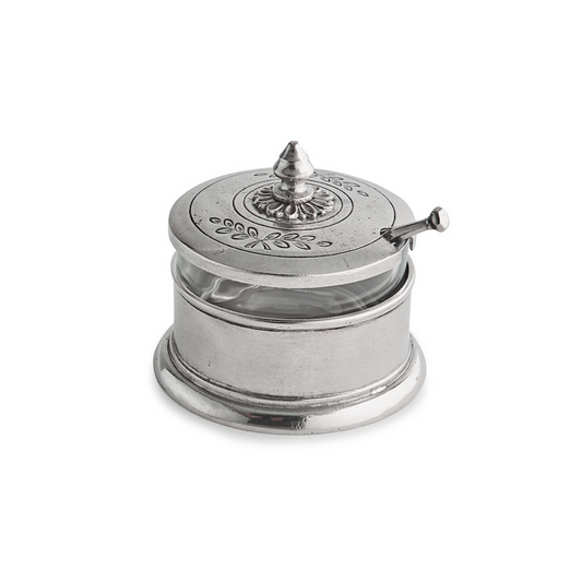 Peltro Condiment Dish with Spoon with lid on a white background