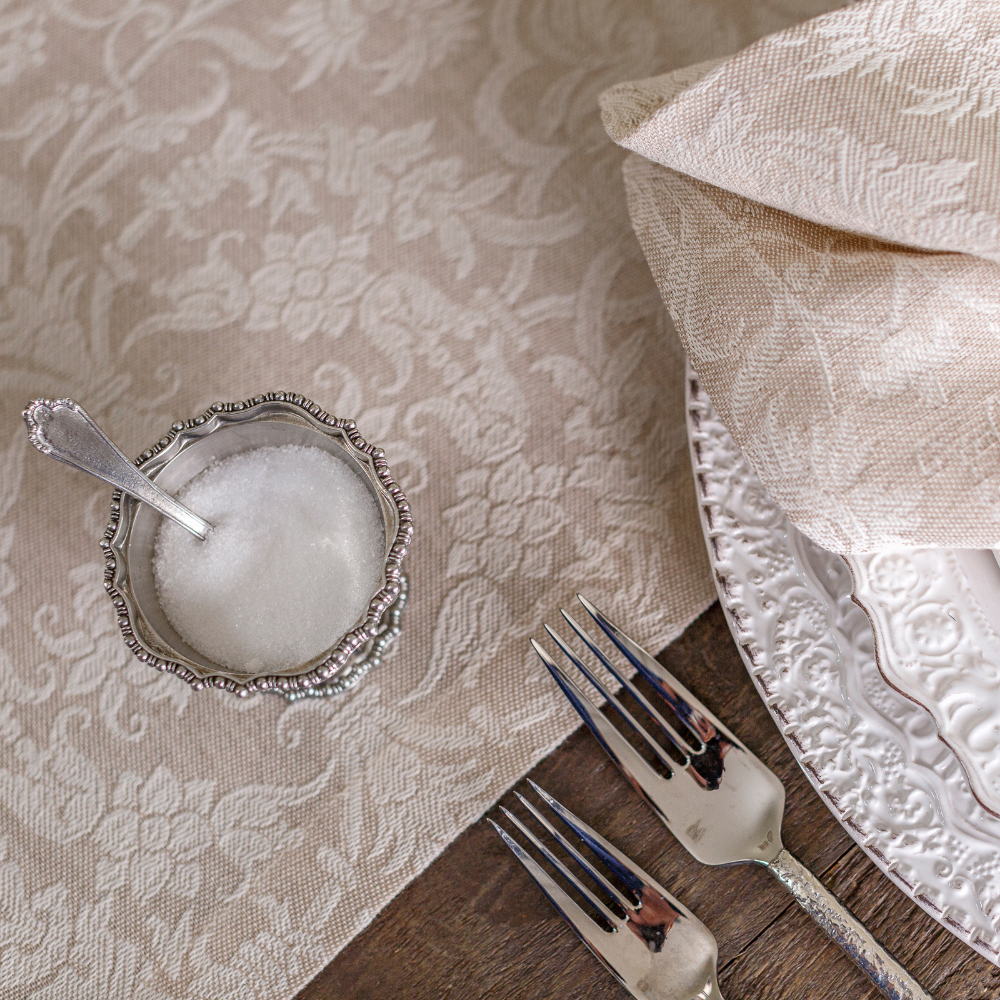 Pewter Beaded Salt Cellar with Spoon Top View on Imperial Linen Runner