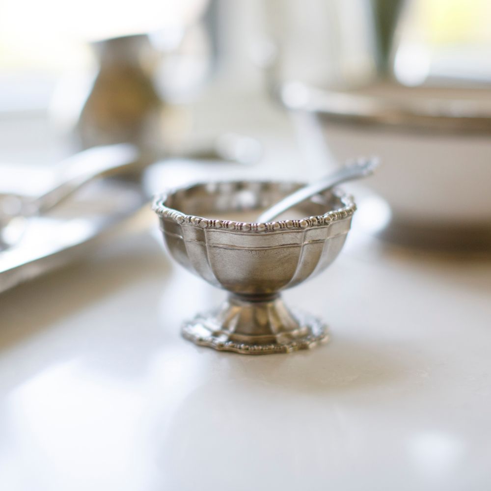 Pewter Beaded Salt Cellar with Spoon on marble table Arte Italica