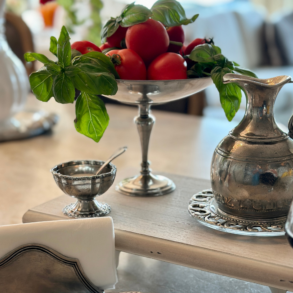 Pewter Beaded Salt Cellar with Spoon with Oil Pitcher Arte Italica
