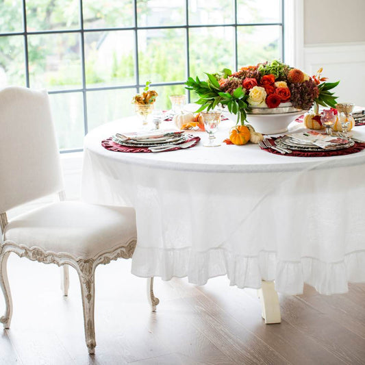 Solid 90" Round Linen Tablecloth with Ruffle