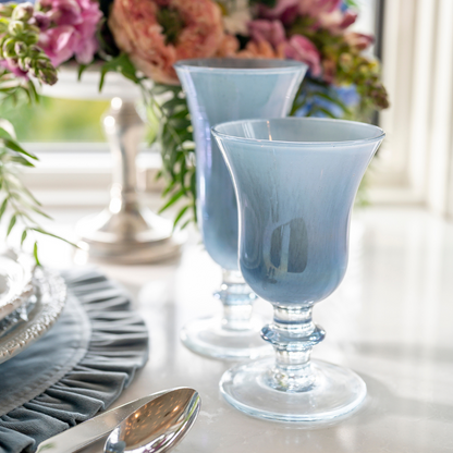 Rialto Blue Italian Water Wine Glass on a counter with matching Flute - Arte Italica