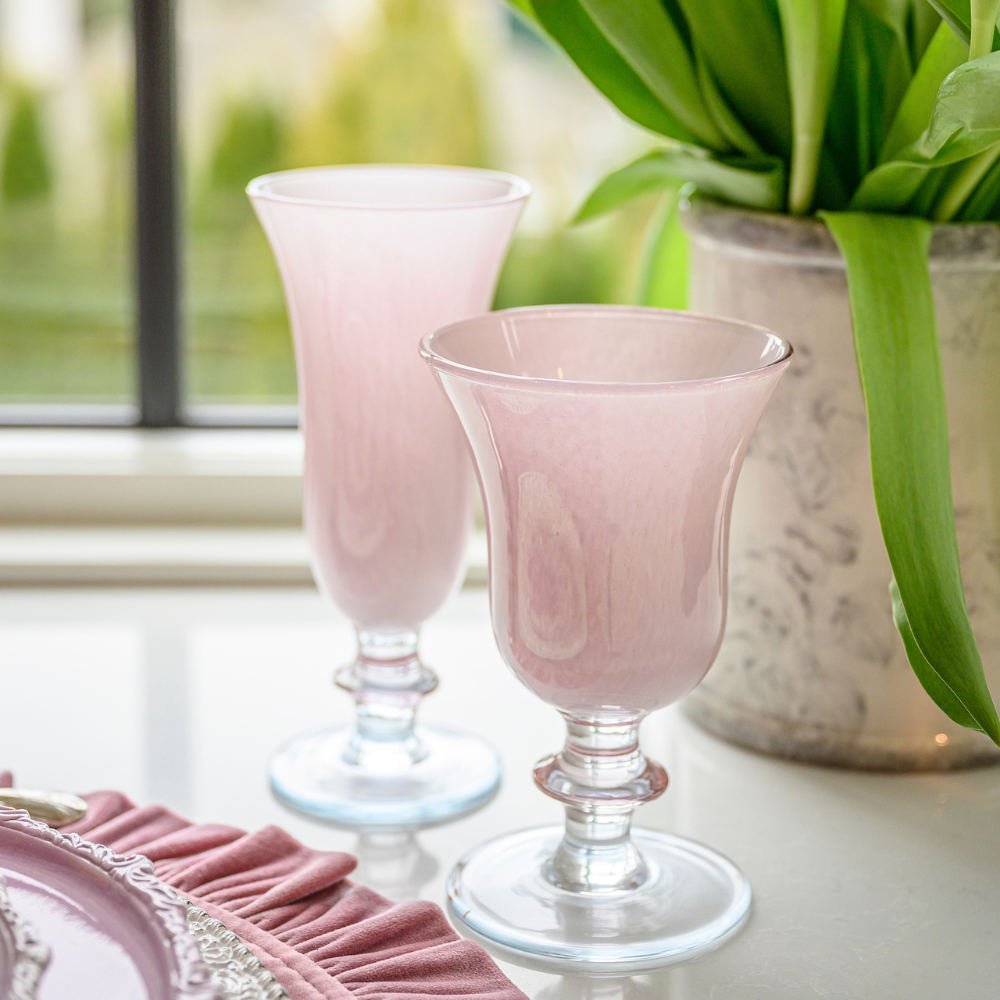 Rialto Pink Italian Water Wine Glass and Flute on a white table - Arte Italica