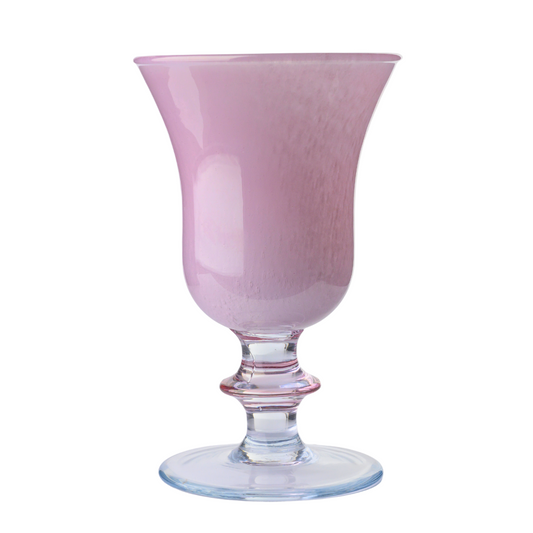 A pink, hand-painted Italian glass wine glass with a white swirled design and a marbled look - Arte Italica