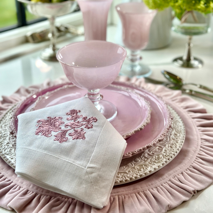 A Rialto hand painted Italian Glass Compote in Pink won a Imperial plate with embroidered Crown Linen Napkin and Velvet Round Placemat - Arte Italica