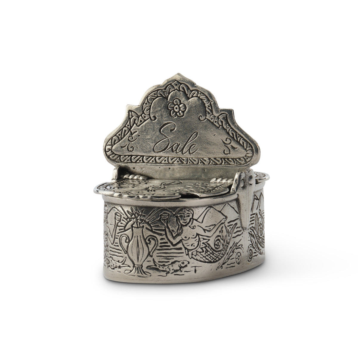 Tavola Salt & Pepper Cellar with Spoon featuring intricate carved details on white background
