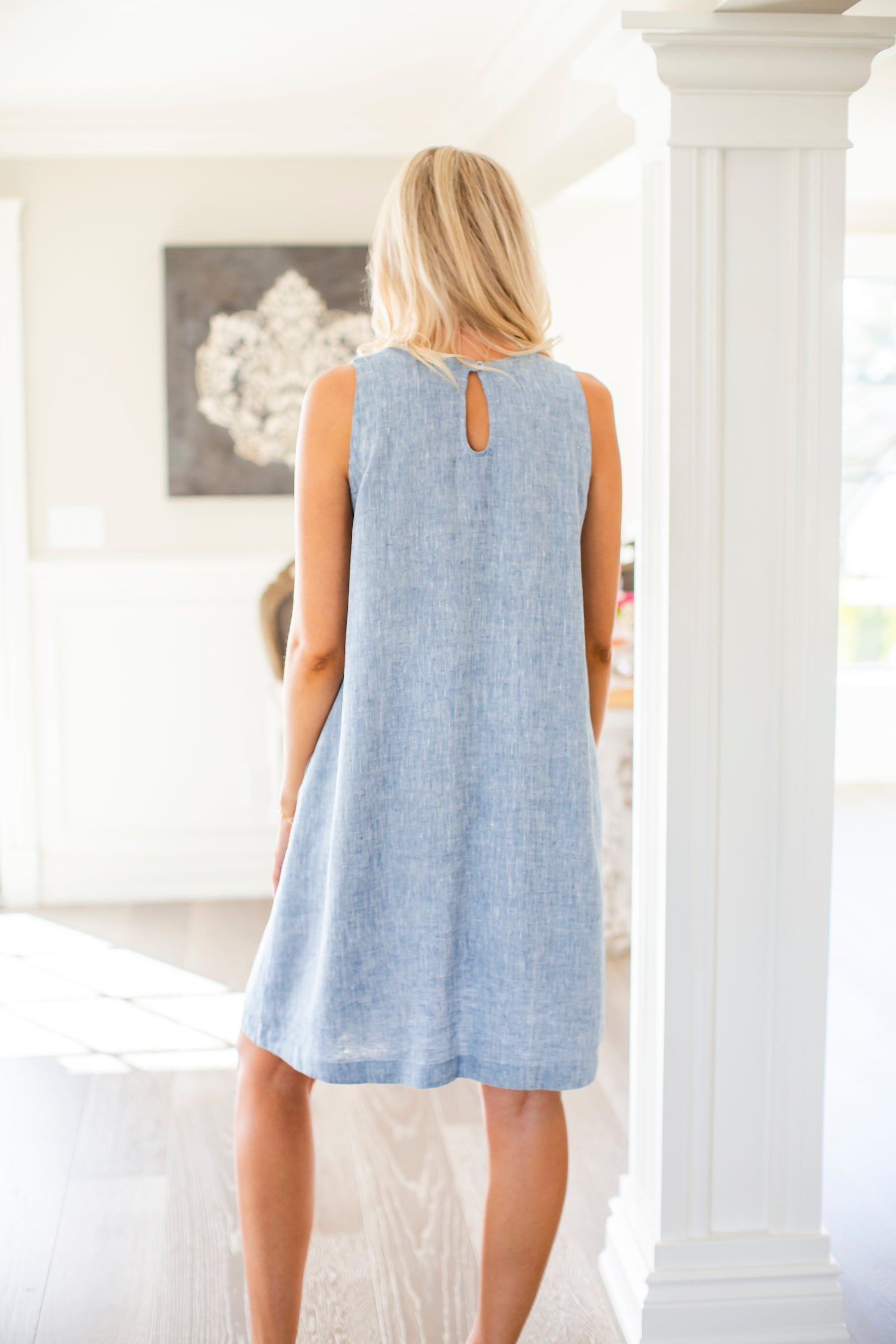 Alma Linen Dress | Sleeveless Summer Dress in White & Blue | Crown Linen Designs White / XSmall Alma Linen Dress | Sleeveless Summer Dress in White & Blue | Crown Linen Designs White / XSmall