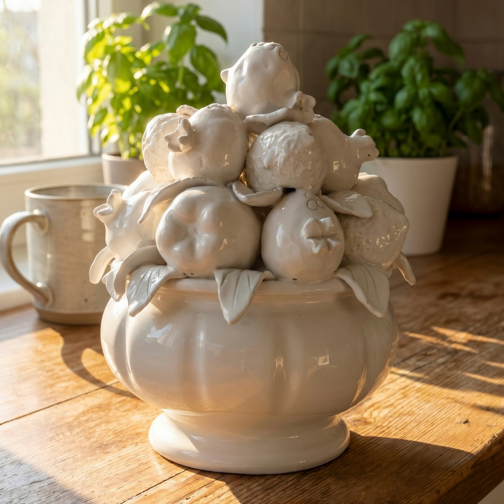 Scavo ceramic fruit bowl topiary on a wood counter with basil plants in backgrount