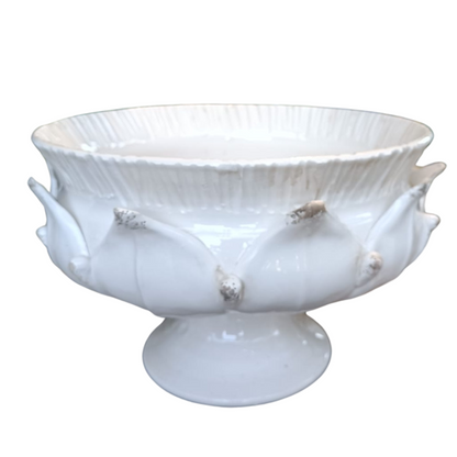 White artichoke inspired ceramic bowl with textured design on a white background