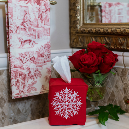 Tissue Box Cover, Snowflake Lane, Red