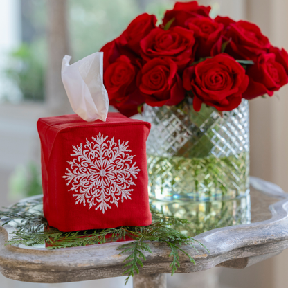 Tissue Box Cover, Snowflake Lane, Red